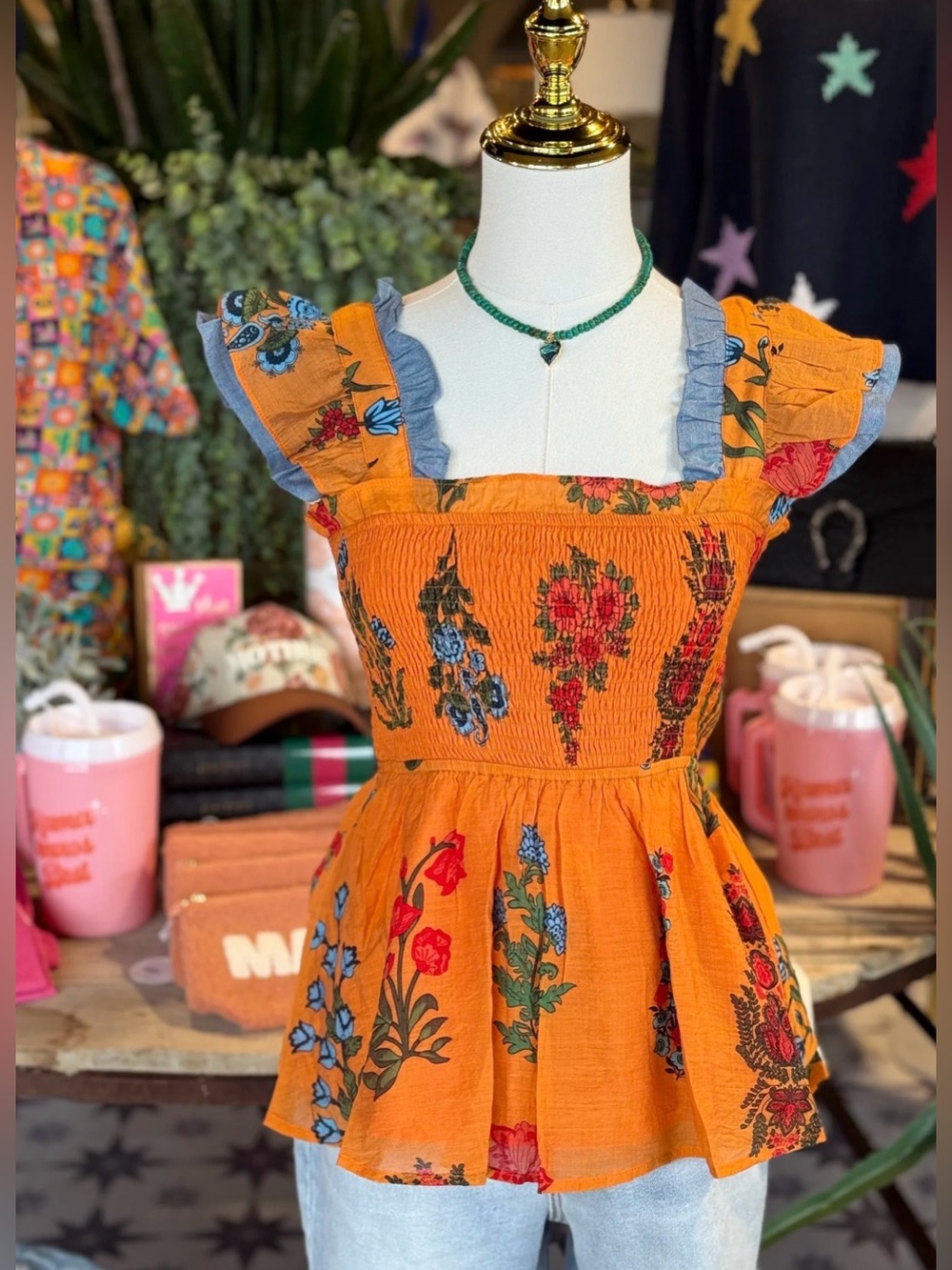 THML Orange Floral Ruffle Strap Peplum Top
